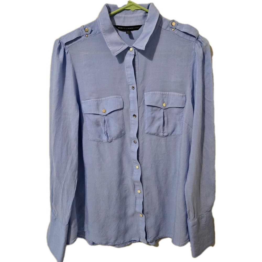 White House Black Market Long Sleeve Button Up Chambray Blue Shirt Sz 12